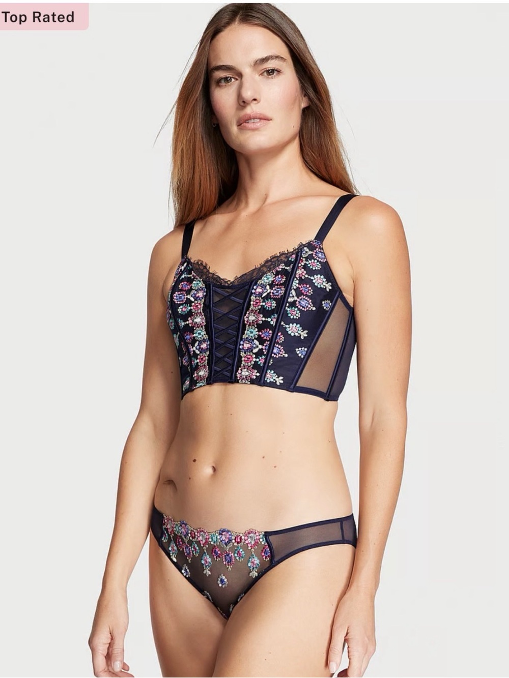 Navy Embroidered Longline Crop Bralette